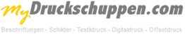 Logo von MyDruckschuppen.com mit den Begriffen: Beschriftungen, Schilder, Textildruck, Digitaldruck, Offsetdruck.