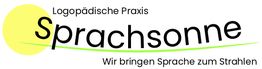 Logo der logopädischen Praxis "Sprachsonne" mit einem gelben Kreis und dem Slogan darunter.