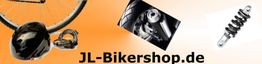 Fahrradhelm, Rad, Schloss, Federbein und JL-Bikershop.de-Text auf orange Hintergrund.