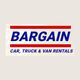 Bargain rental service sign for cars, trucks, and vans with red and blue text.