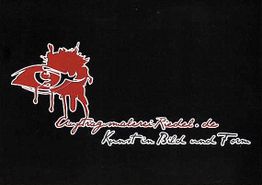 Rot-weißes Auge mit Schriftzug: "Auftragsmalerei-Riedel.de Kunst in Bild und Form" auf schwarzem Hintergrund.