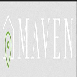 The image shows the word "Maven" with a green location pin inside an outline of a house.