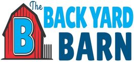 Logo of "The Backyard Barn" with a red barn and a large blue letter "B".