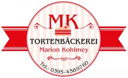 Logo einer Tortenbäckerei mit rotem Band, Kuchen-Illustration und Kontaktnummer.