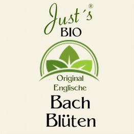 Logo mit Text: Just's BIO, Original Englische Bach Blüten, grüne Blätter-Grafik.