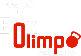 Logo de Box Olimpo Málaga con figura levantando pesas y pesa rusa como parte del diseño.