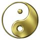 Goldenes Yin-Yang-Symbol mit kreisförmigem Design auf weißem Hintergrund.