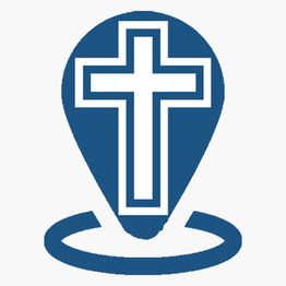 Icono de ubicación azul con una cruz blanca en el centro.