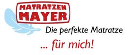Logo von "Matratzen Mayer" mit Slogan: "Die perfekte Matratze ... für mich!" und einer Feder.