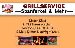 Grillservice-Anzeige mit Kontaktdaten und Bildern von gegrilltem Spanferkel.