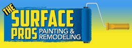 "The Surface Pros Painting & Remodeling logo with a paint roller on blue and yellow background."