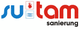 Logo von "sutam sanierung" in blau und rot mit Flammen- und Wasser-Symbolen.