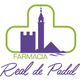Logotipo de "Farmacia Real de Padul" con torre y muralla en morado y verde.