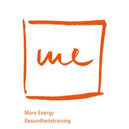 Logo mit orangem Rahmen und Schriftzug "me". Text darunter: "More Energy Gesundheitstraining".