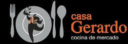 Logotipo de Casa Gerardo: silueta de chef, cubiertos y texto "cocina de mercado" en fondo negro.