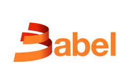 Logotipo de Babel con una letra "B" estilizada en espiral roja y el texto en naranja.