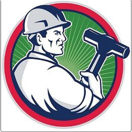 Illustration of a construction worker with a hammer, wearing a hard hat, in a circular frame.