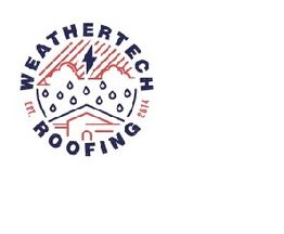 Logo of Weathertech Roofing with raindrops, lightning, and rooftops. Established in 2014.