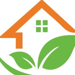 An orange house outline with green leaves underneath, symbolizing eco-friendly living.