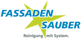 Logo mit blauem Text "Fassaden Sauber" und grünem Stern. Text darunter: "Reinigung mit System."