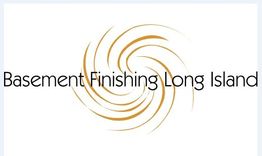 "Basement Finishing Long Island logo with a golden swirl design on a white background."