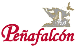 Logotipo de Peñafalcón con un ave y un paisaje montañoso en el fondo.