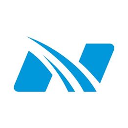 Blue abstract logo with curved lines forming an 'N' shape, resembling speed or motion.