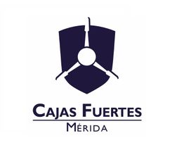 Logo de "Cajas Fuertes Mérida" con diseño de escudo y cerradura en fondo blanco.