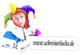 Ein bunter Harlekin hält ein Schild mit der Aufschrift "www.schreinerlacke.de".