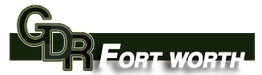 Logo with text "GDR Fort Worth" in bold, overlapping dark green and white letters.