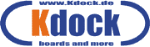 Logo mit Schrift: "www.kdock.de Kdock boards and more" in Blau und Orange, umgeben von einem ovalen Rahmen.