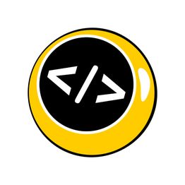Balle jaune avec symbole de code "</>" noir.