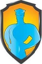 Blaues Figurenlogo auf orangefarbenem Hintergrund innerhalb eines Schildrahmens.