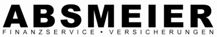 "Logo mit Text: ABSMEIER Finanzservice - Versicherungen in schwarz-weißer Schrift."