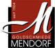 Logo der Goldschmiede Mendorf mit rotem Hintergrund und geschwungenem "M", seit 1904.