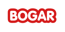 Texto "BOGAR" en letras blancas con borde rojo sobre fondo blanco.