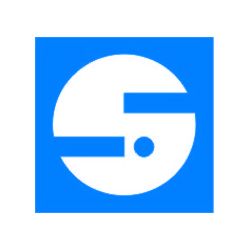 Abstraktes blau-weißes Logo mit Kreisen und Linien in blauem Quadrat.