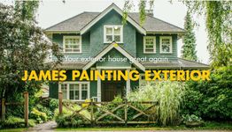 Dark green house with yellow text: "JAMES PAINTING EXTERIOR." Surrounded by lush greenery.
