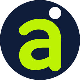 Logo con letra "a" verde y punto blanco sobre fondo azul oscuro.