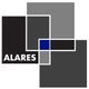 Logo mit schwarzen, grauen und blauen Rechtecken, Text "ALARES" links unten in Weiß.