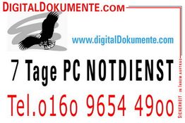 DigitalDokumente.com Logo mit Adler, 7 Tage PC Notdienst, Tel. 0160 9654 4900.