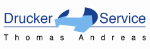 Logo mit Text "Drucker Service Thomas Andreas" und einem blauen Pfeilmotiv in der Mitte.