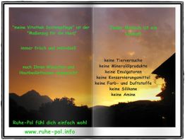 Sonnenuntergang mit Text zu Hautpflege ohne Tierversuche und schädliche Inhaltsstoffe. Webseite unten.