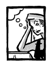 Comic-Zeichnung: Frau mit Gedankenblase stützt den Kopf auf die Hand und lächelt.