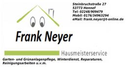 Logo des Hausmeisterservices Frank Neyer mit Kontaktdaten und angebotenen Dienstleistungen.
