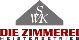 Logo mit grauem Dach und Schriftzug „DIE ZIMMEREI MEISTERBETRIEB“ in Rot und Grau.