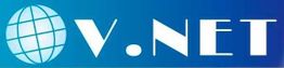Logo azul com globo e texto "V.NET" em branco.