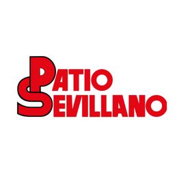 Texto rojo: "Patio Sevillano" en fondo blanco.