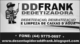 Cartão da DDFrank Dedetizadora com contato e serviços de controle de pragas e limpeza.