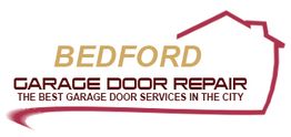 Logo for Bedford Garage Door Repair with house outline and slogan: "Best garage door services."